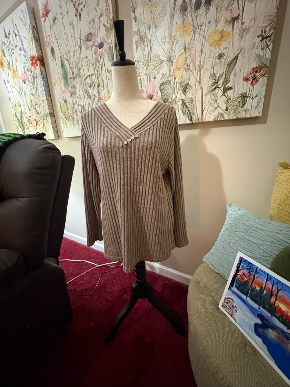 Rib-Knit V-Neck Sweater in Taupe